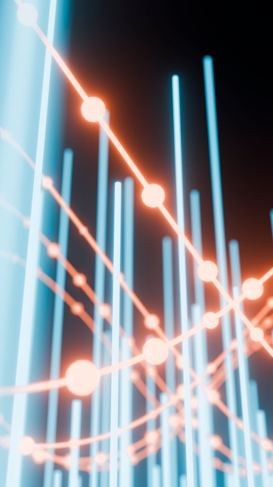 3D digital data visualization showing glowing blue bars and orange line graphs on a dark background.
