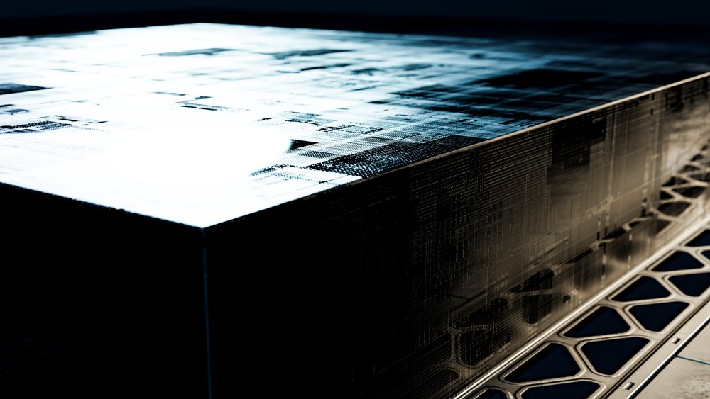 Black rectangular technological block with intricate digital patterns and metallic grid surface in a futuristic setting.