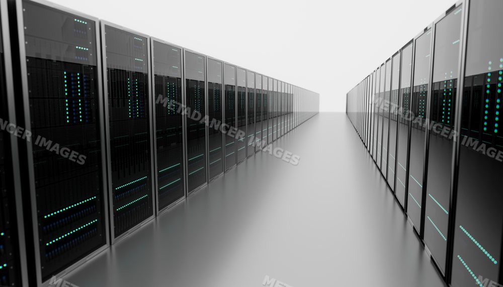 Long aisle of black server racks in a modern data center