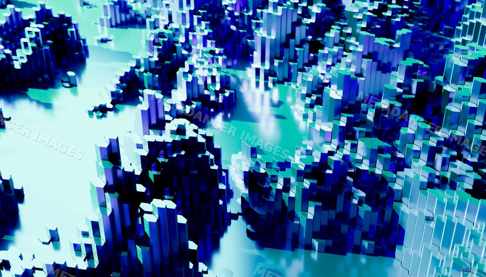 Abstract digital landscape made of blue 3d hexagonal blocks