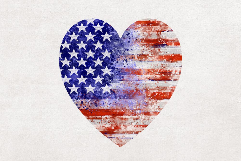 Heart-shaped flag with watercolor and paint splatter effect illustration.