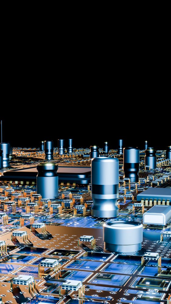 Close-up illustration showing electronic components including capacitors, microchips, and transistors on a blue printed circuit board.