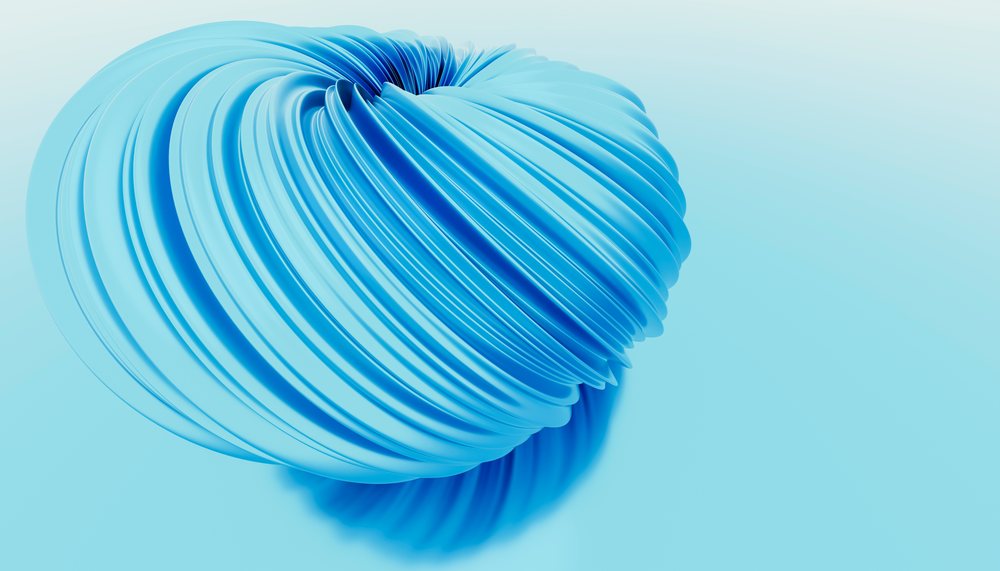 Abstract blue 3D spiral shape with curved lines on a smooth blue background.