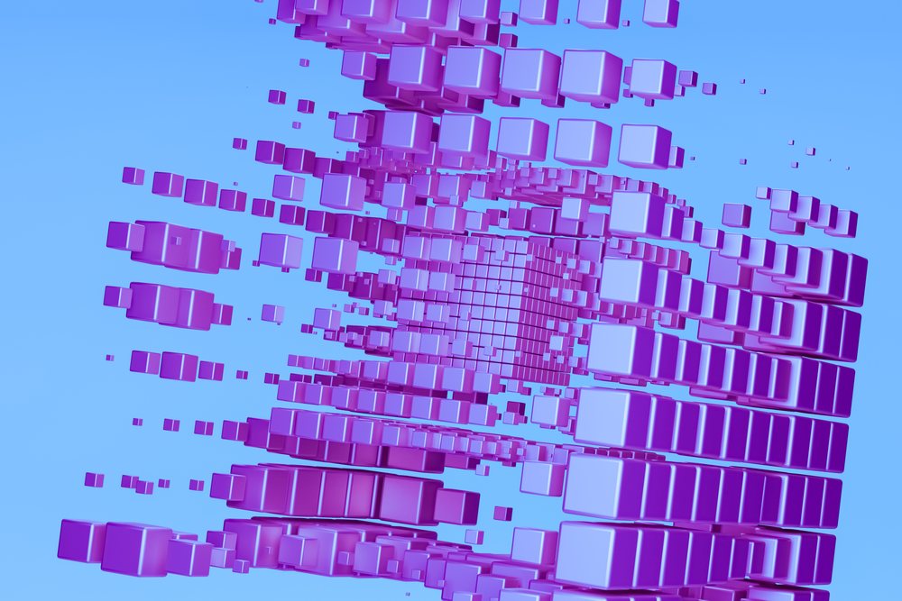 Purple three-dimensional cubes arranged in a repeating geometric pattern on a blue background creating an abstract digital art render.