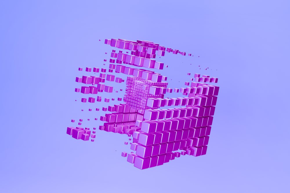 3d purple cubes forming an abstract geometric pattern on a blue digital background.