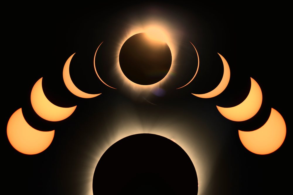 Phases of a solar eclipse with the moon covering the sun and visible solar corona over, Los Angeles, USA.
