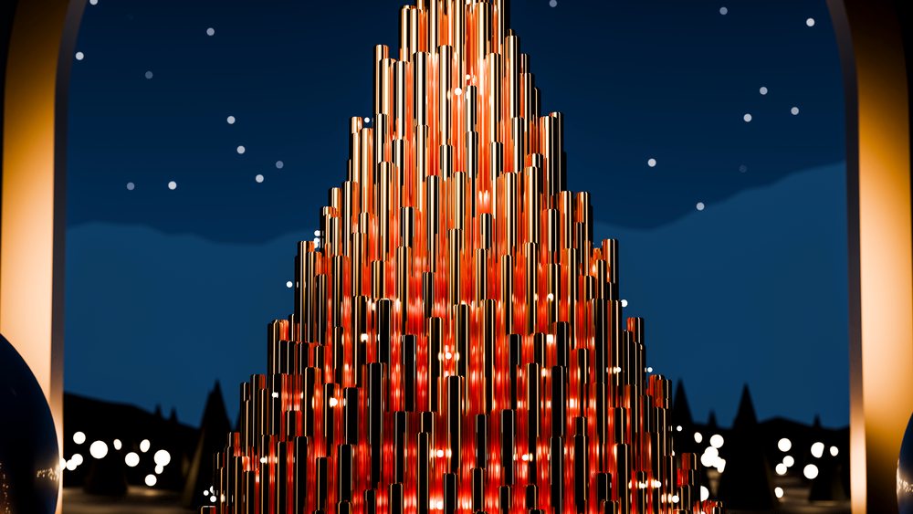 Stacked shiny gold cylindrical tubes illuminated with white glowing dots against a dark blue starry night sky in a digital art scene.