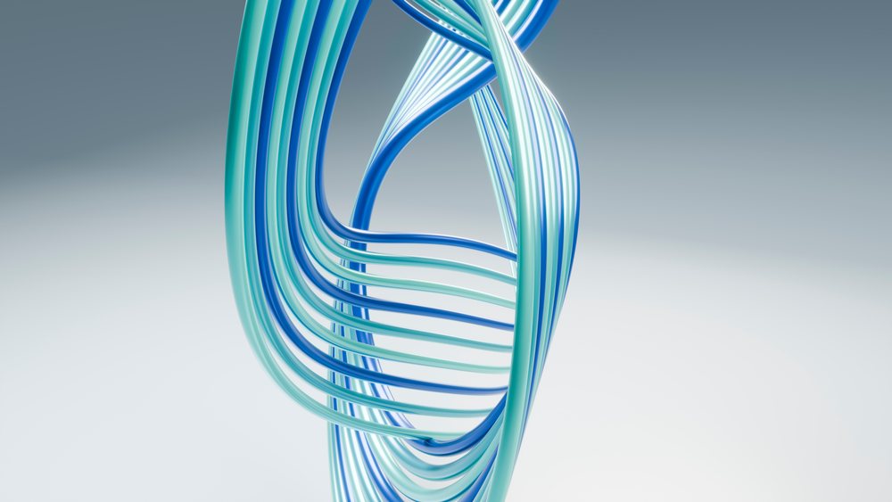 Twisted blue and cyan striped ribbons intertwine in a smooth, shiny, abstract digital 3D illustration with a minimalist background.