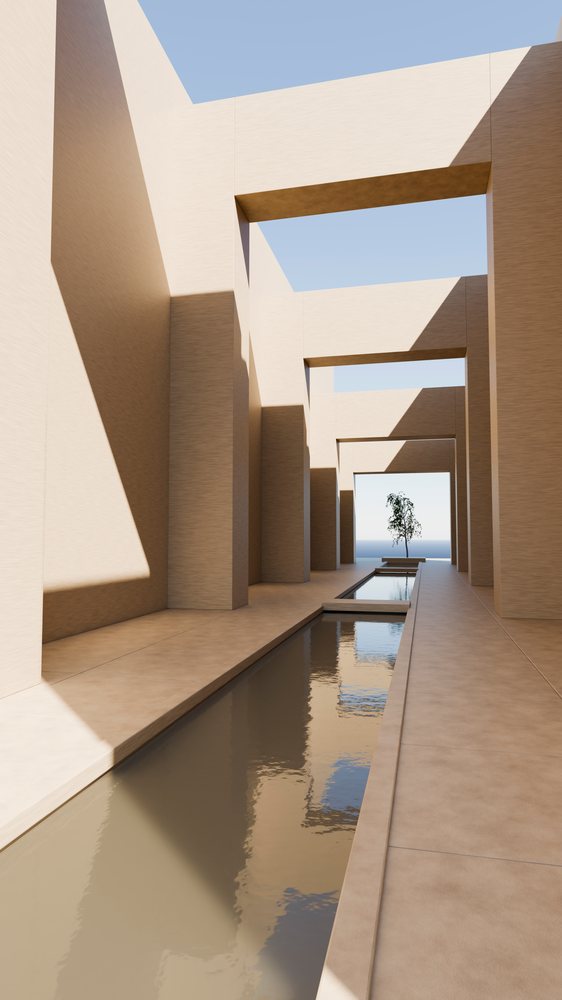 Modern minimalist outdoor corridor featuring a reflecting pool and lone tree beneath an open sky.