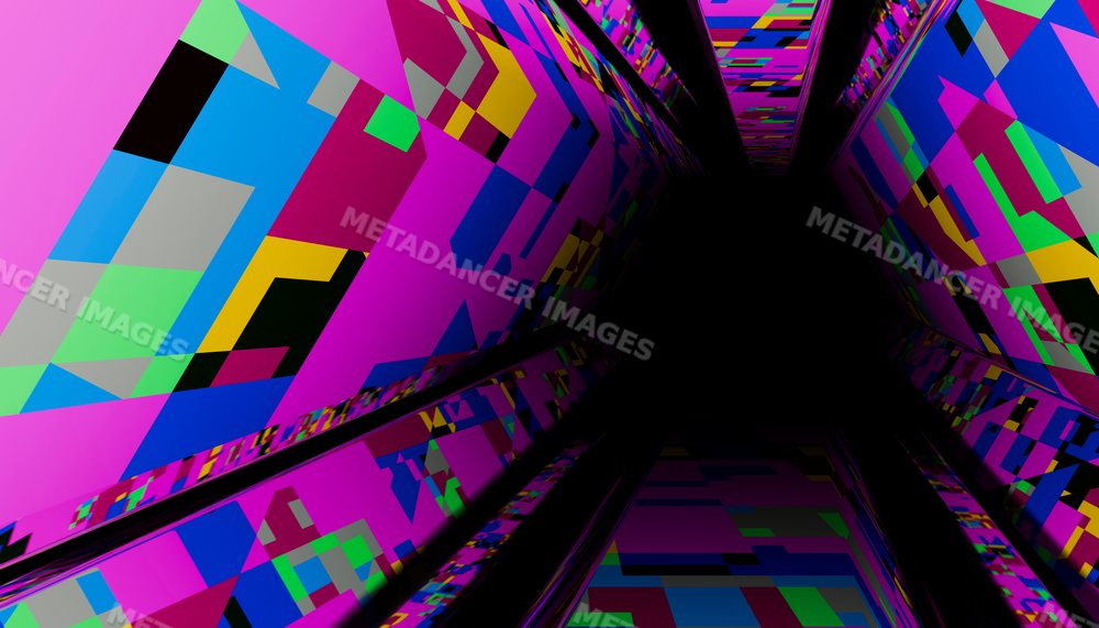 Colorful digital abstract tunnel with geometric pixel shapes fading