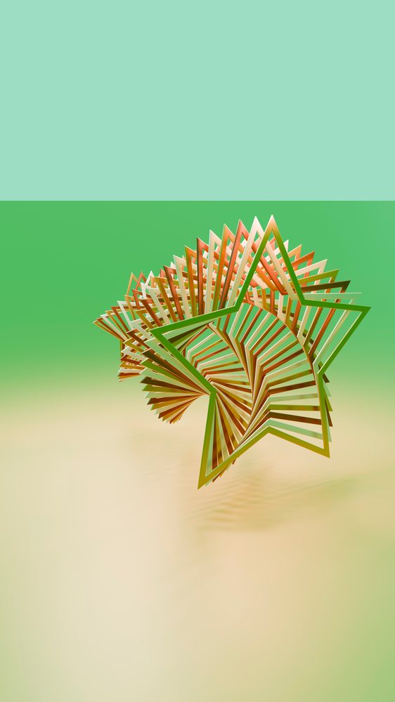 Symmetrical orange and green star-shaped spiral floating against a gradient green and beige background in 3D digital art.