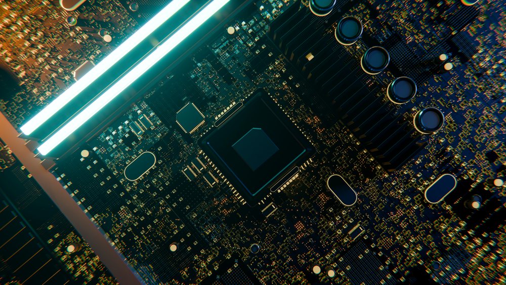 Close-up illustration of a computer chip on a circuit board showing electronic components and semiconductor microprocessor design.
