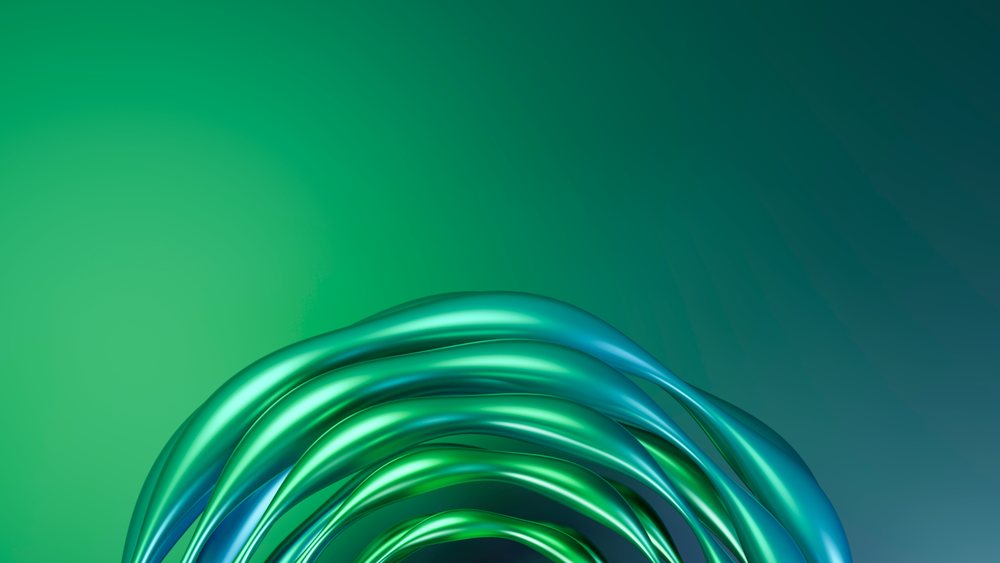 Digital illustration of shiny twisted metallic rings in green and blue on a gradient background.