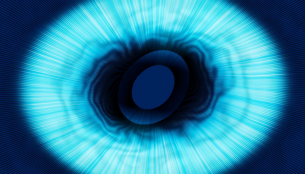 Abstract digital art featuring a glowing blue ring with radial lines and a dark center.