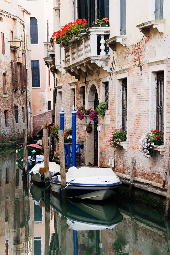 Multiple boats anchored in a narrow canal beside historic brick buildings with flower pots and window boxes, Venice, Italy.