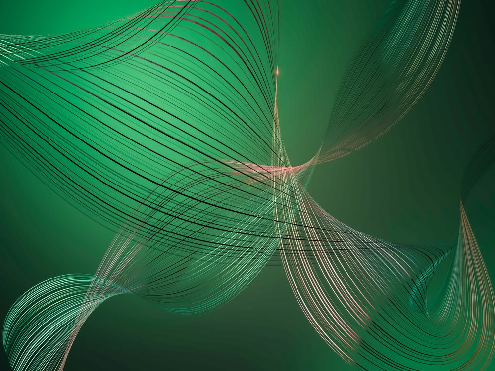 A digital abstract artwork featuring flowing curved lines on a green gradient background.