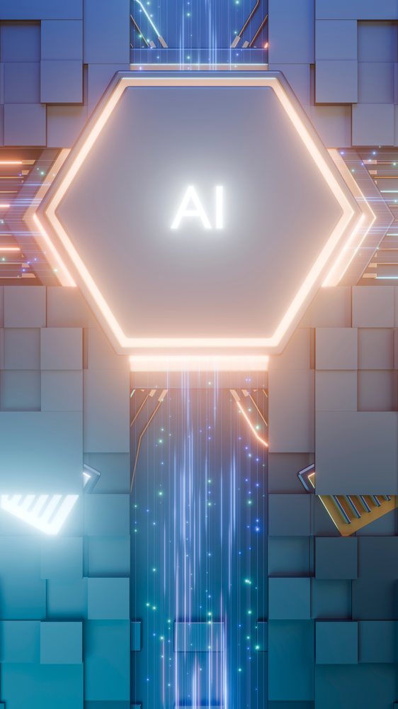 Glowing AI hexagon with blue and orange digital light streaks over a futuristic cube-patterned background.