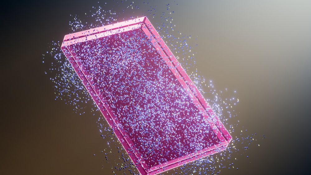 Abstract render of a pink rectangular frame surrounded by numerous floating blue glowing particles in a digital space.