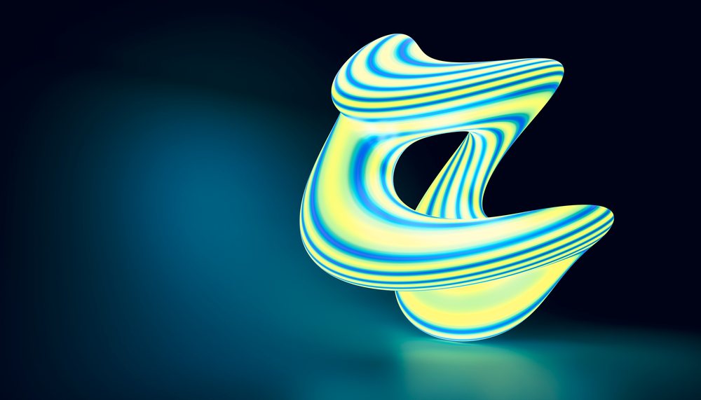 A colorful abstract 3D shape with blue and yellow stripes floating on a dark background.