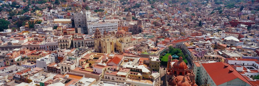 Panoramic view of an urban cityscape.