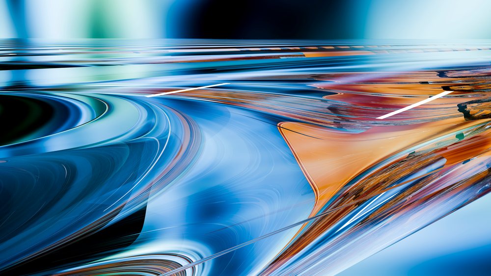 Vibrant digital art background featuring abstract colorful swirling curves and fluid shapes in orange and blue tones.