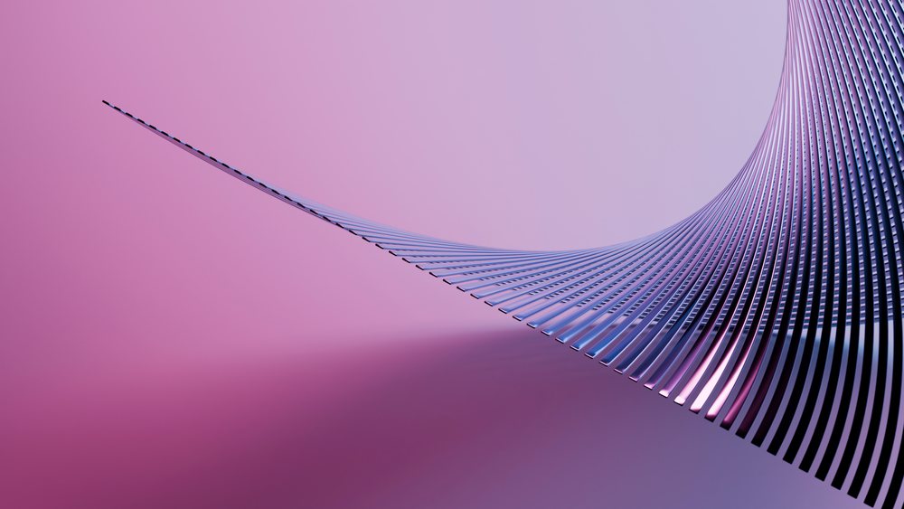 Abstract 3D illustration featuring curved blue strips forming a wave shape against a purple gradient background.
