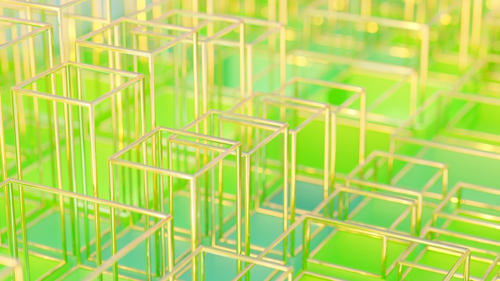 Transparent cubes with golden outlines arranged in an abstract geometric pattern on a green background.