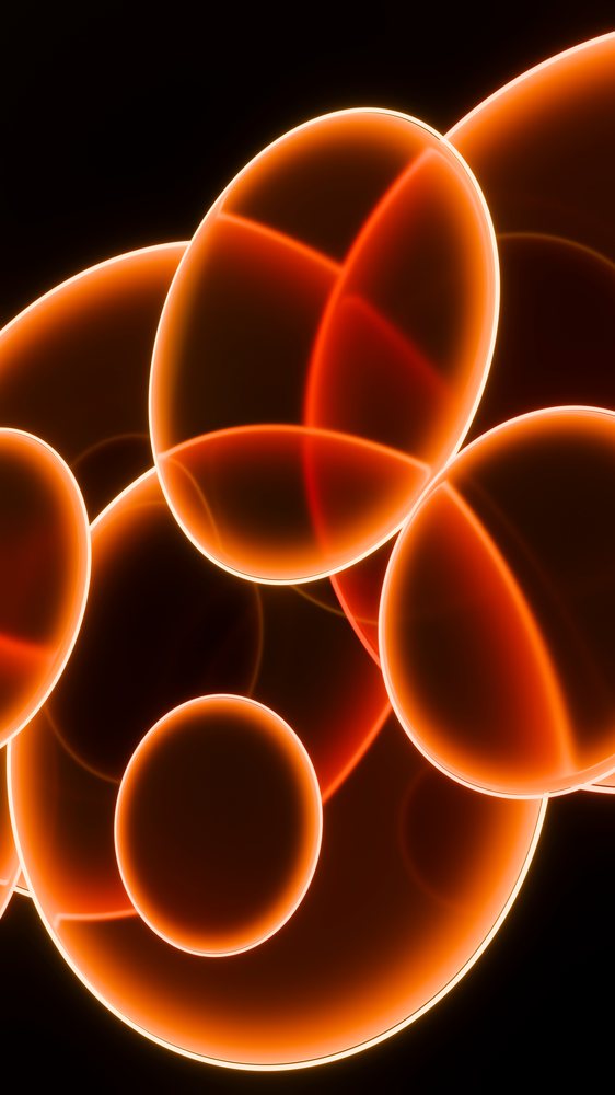 Bright glowing orange circular rings overlap abstractly on a dark background in a digital art illustration.