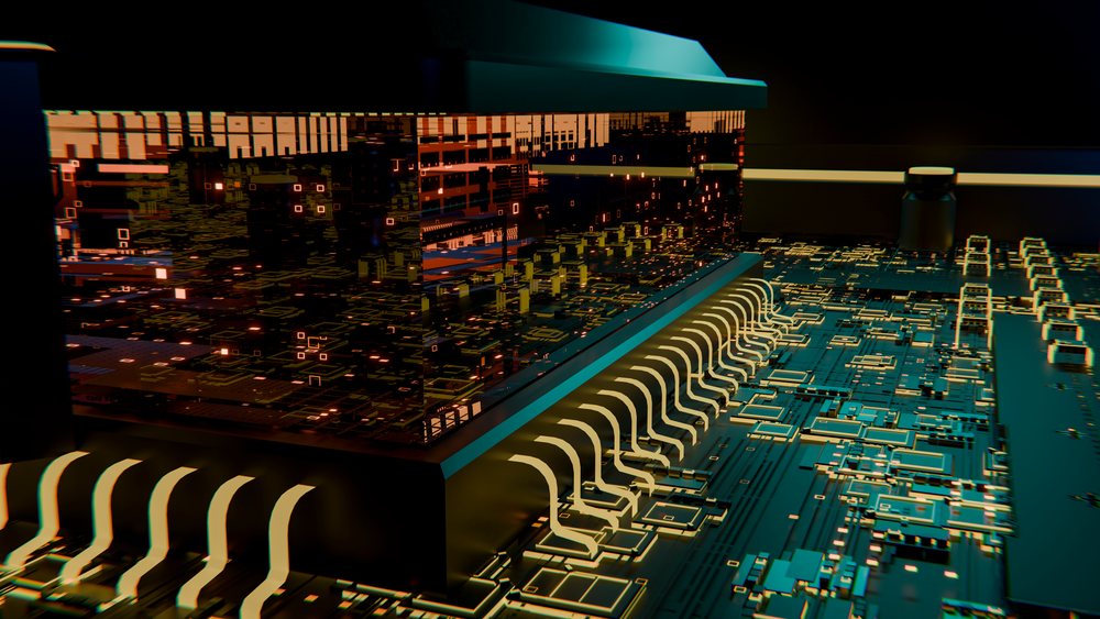Close-up illustration of a glowing microchip on a circuit board highlighting modern electronic technology.