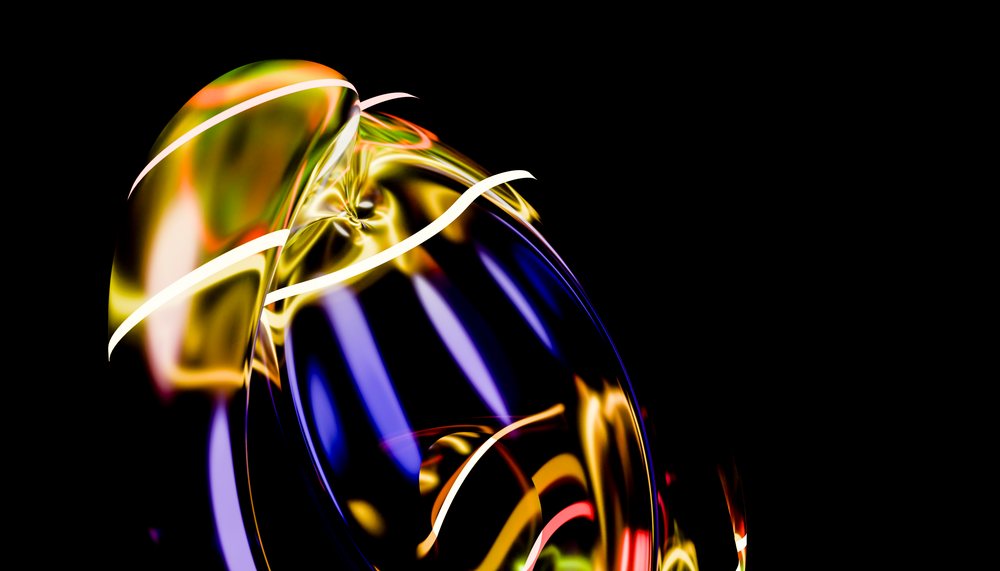Abstract glossy curved shapes with colorful light reflections on a dark background.