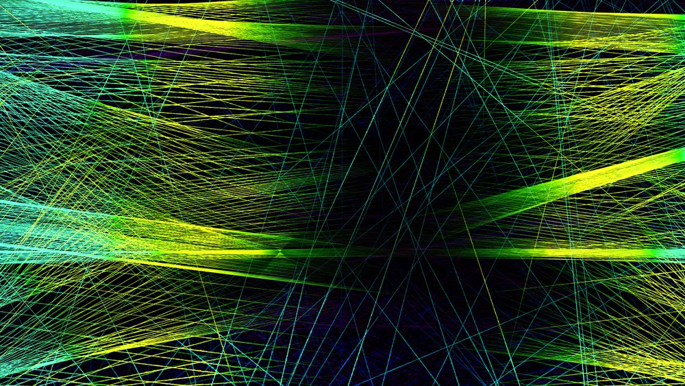 abstract digital artwork showing colorful intersecting neon lines on a dark background.