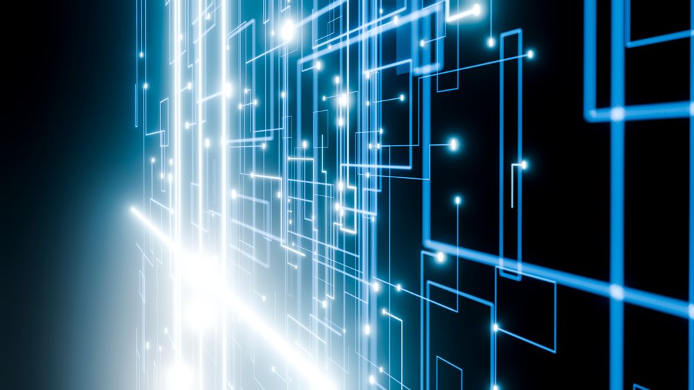 Blue glowing lines and circuit board pattern form an abstract futuristic technology visualization.