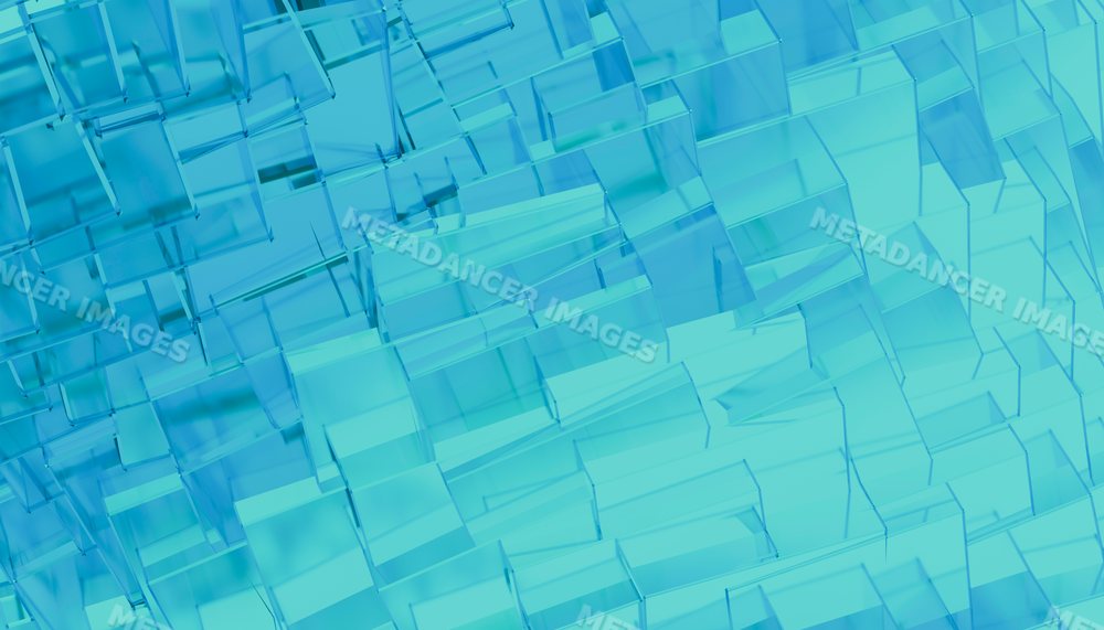 Stacked transparent blue glass blocks form a geometric abstract