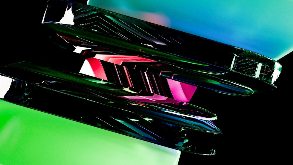 Abstract digital artwork featuring layered glossy surfaces in green, cyan, and pink reflecting light against a black background.