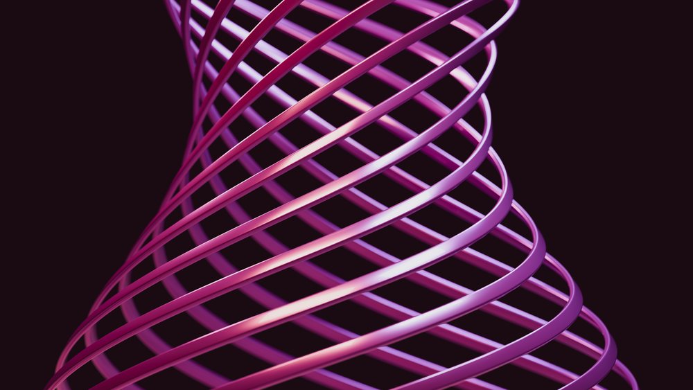 Digital illustration of a twisted metal sculpture with pink and purple ribbons and abstract geometric curved lines.