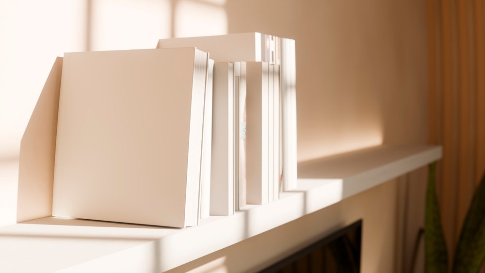 Books neatly arranged on a white shelf.