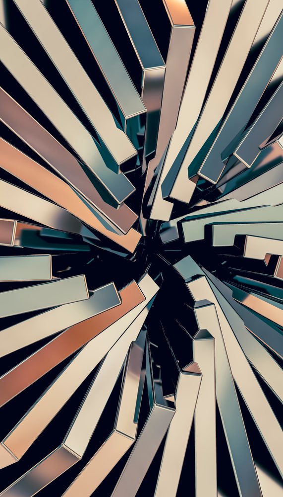 Close-up view of shiny vertical metal bars arranged in an abstract geometric pattern.