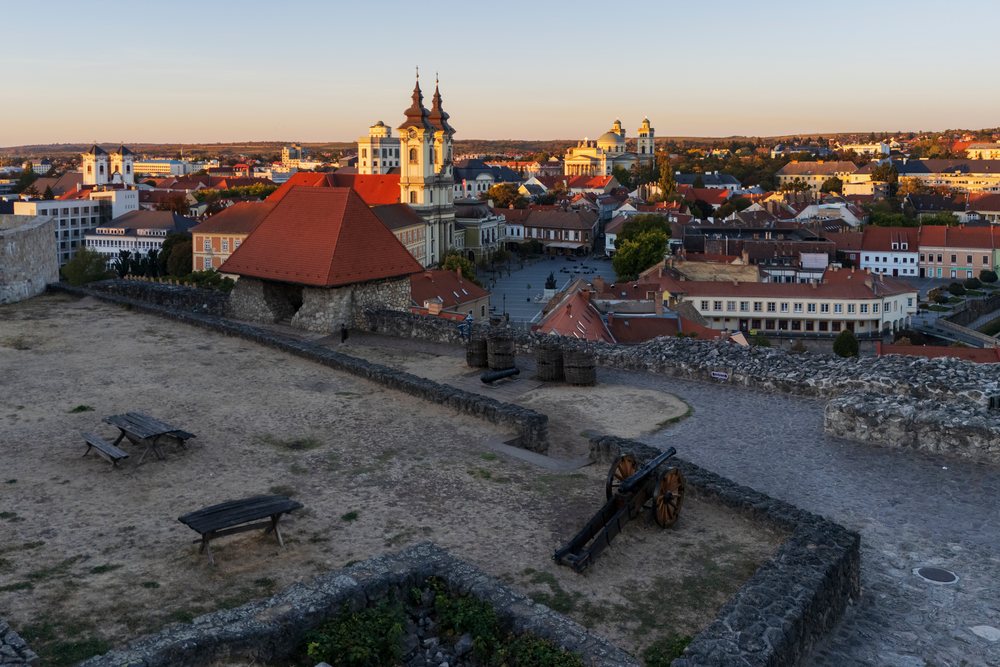 The Minorite Church at Dobó Square at Sunrise from the Castle.