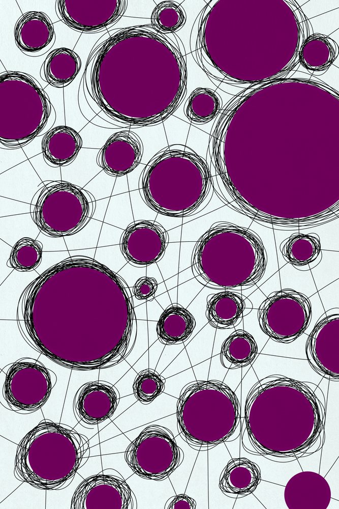 Purple circles connected by black scribble lines form an abstract network pattern in a digital illustration.