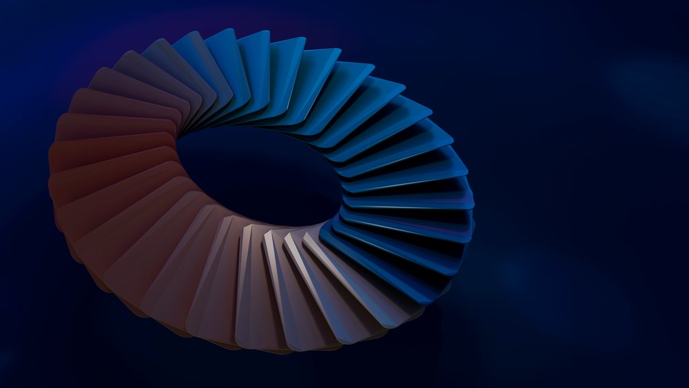 Abstract 3D rendering featuring a circular pattern of rotating curved blue gradient shapes on a dark background.