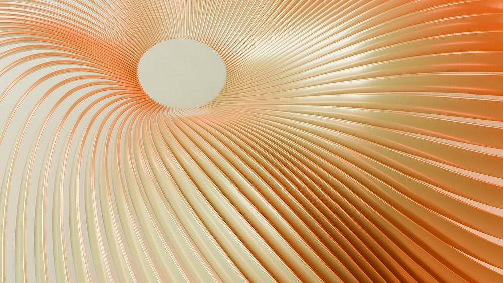 Abstract 3D illustration of concentric orange and beige curved lines forming a smooth spiral pattern.