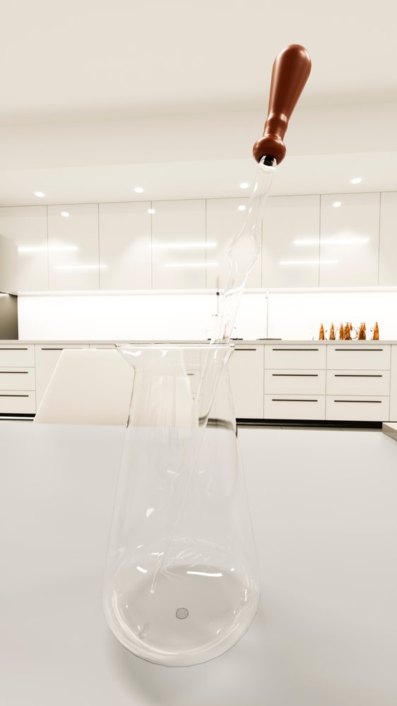 Glass pitcher with a pipette inside stands on a white kitchen counter in a modern kitchen interior.