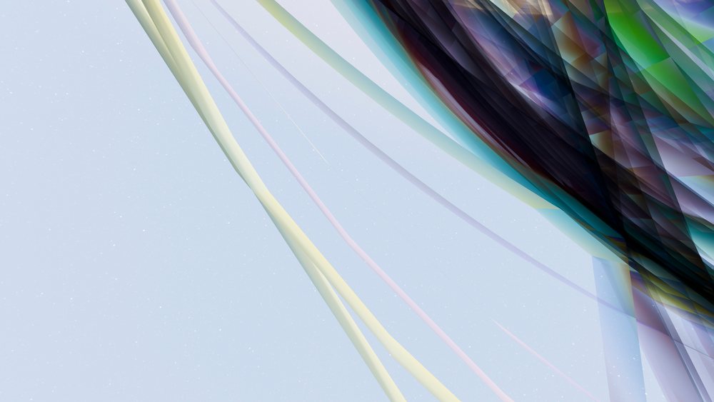 Colorful abstract ribbons overlap with transparent bands of pastel shades on a light blue background in a digital art illustration.
