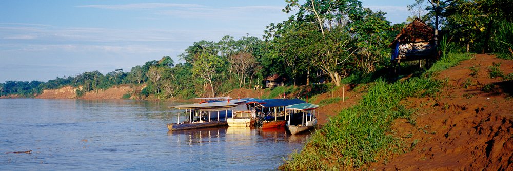 Wooden boats docked at a boat launch along the riverbank in Tambopata-Candamo National Park, Boat Launch Tambopata-Candamo National Park, Peru.