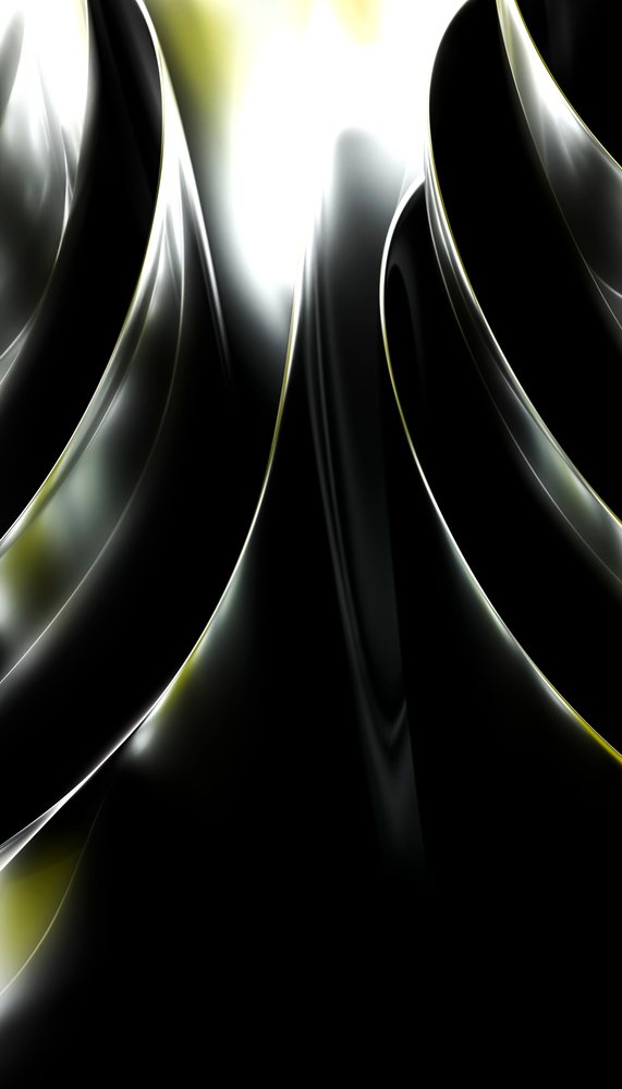 Black glossy waves with smooth curved shapes reflecting light, creating an abstract artistic design.