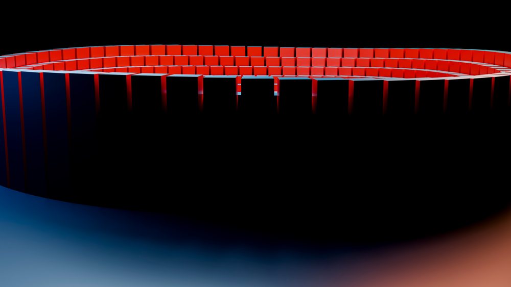 Spiral arrangement of glowing red cubes forms an abstract geometric digital artwork on a dark background.