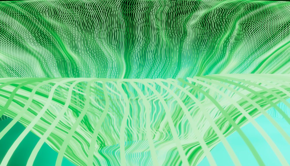 Abstract digital art showing flowing green curved lines forming a dynamic wave pattern on a light background.
