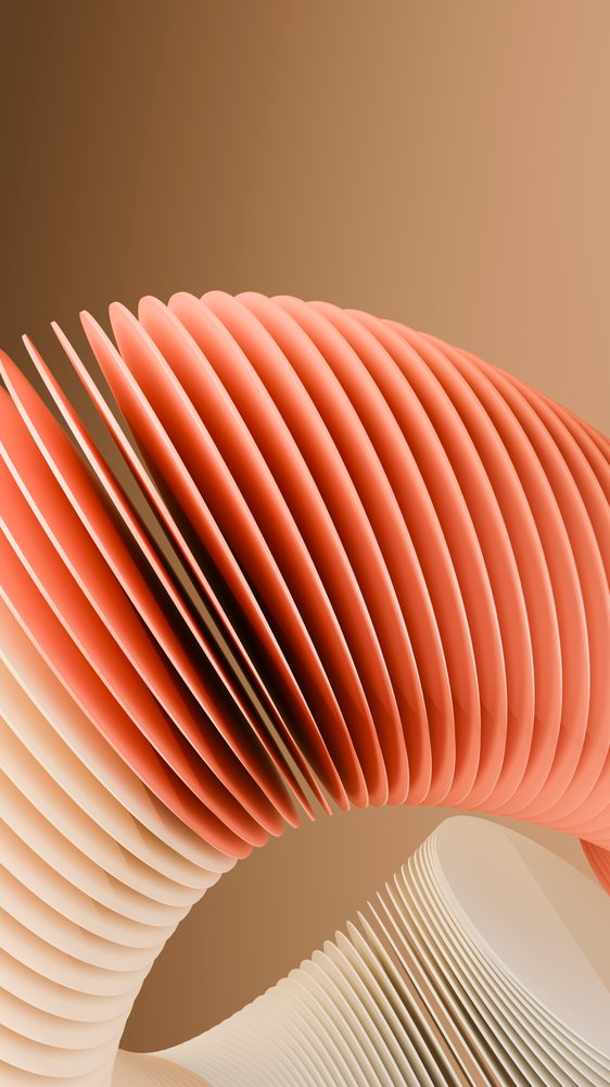 Digital 3D illustration of intertwined curved rings layered in orange and beige tones.