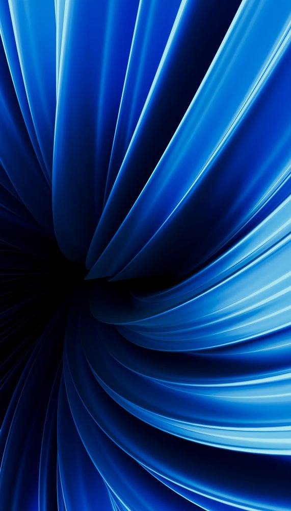 Blue abstract curved shapes with flowing smooth surfaces create a dynamic spiral design in digital art.