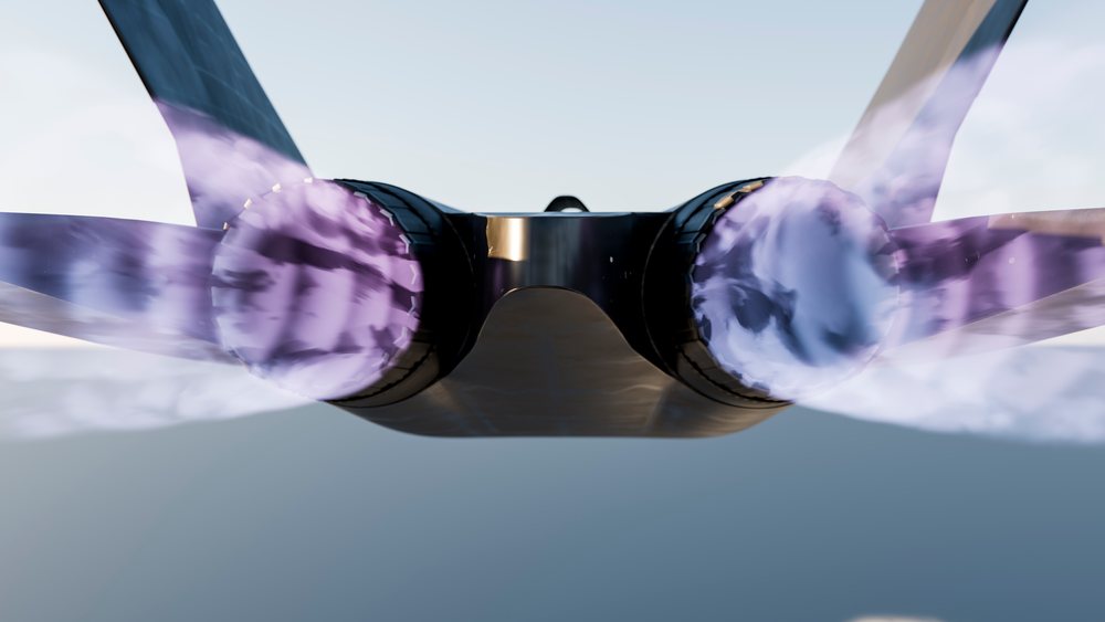 Close-up rear view of a military fighter jet in flight with two jet engines firing afterburners and two vertical stabilizers visible against a clear sky, defense, war, security.